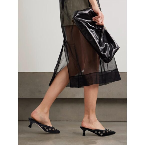 🆕Women Black Kitten Heel Mules Flower Decor Mesh Pointed Toe Low Heel Pumps - Picture 4 of 7